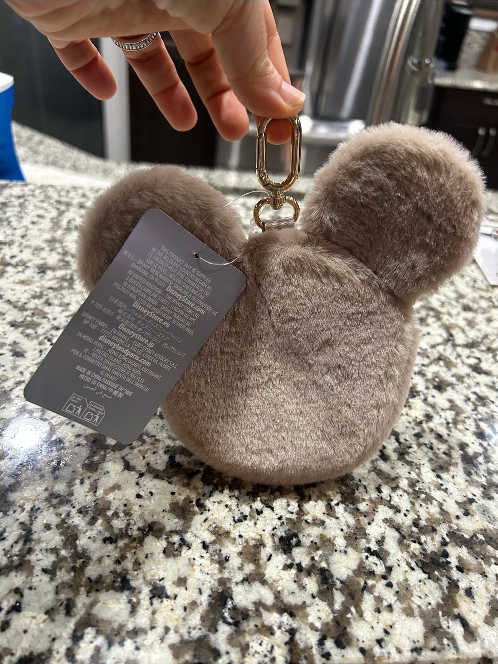 Disney Taupe Faux Fur Mickey Ear Keychain Pouch with Gold Clip